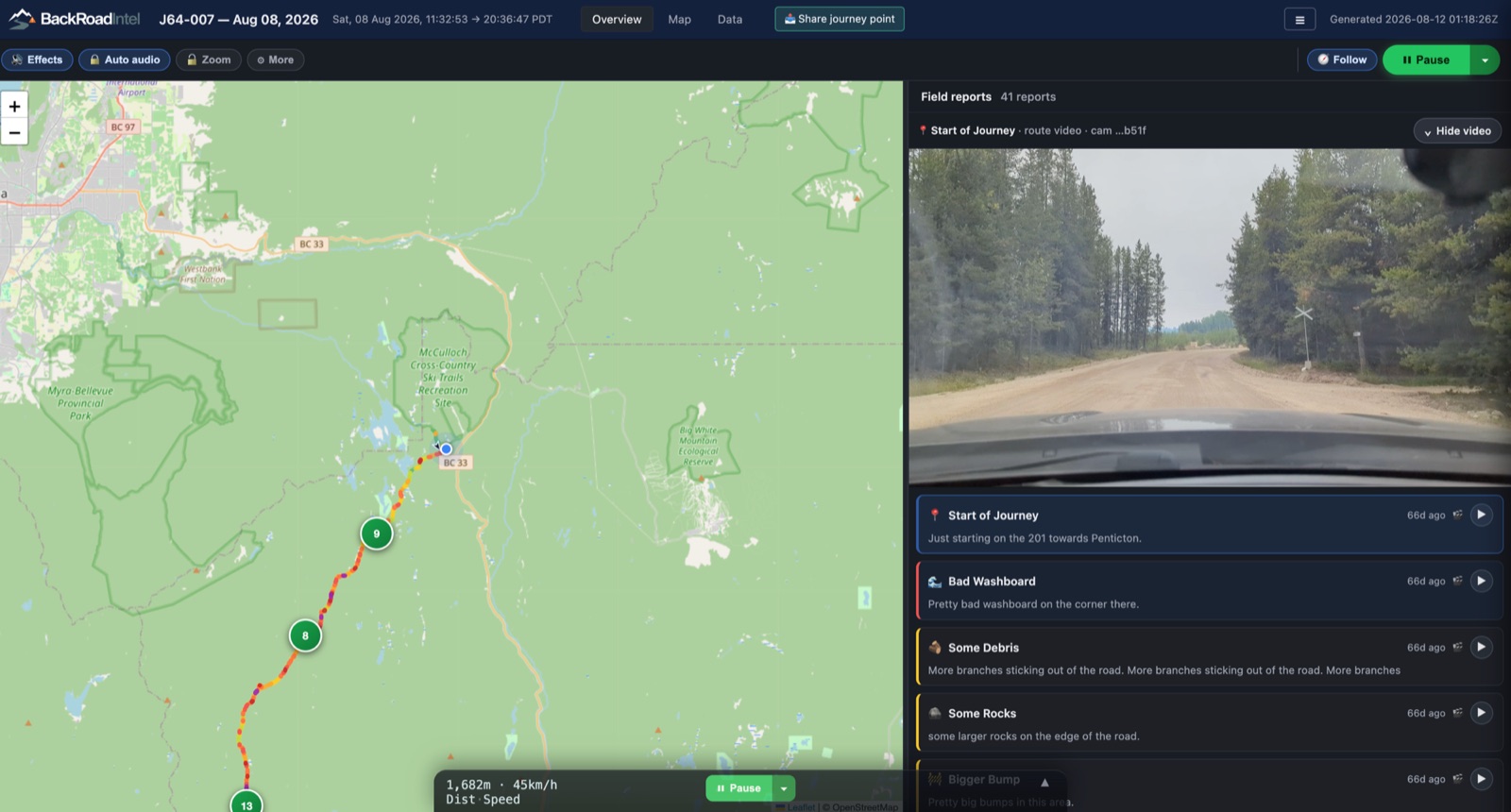 BackRoadIntel journey playback: a map of a backroad route beside the road video and the driver's field reports